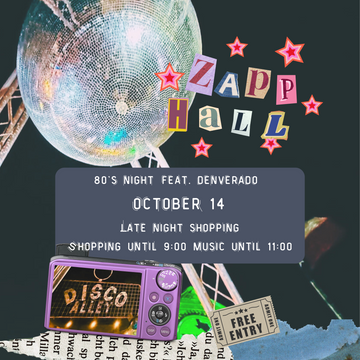 Promotional poster for a 80's night event at Zapp Hall with disco ball and vintage camera.