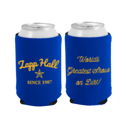Two blue can coolers with yellow text on a white background