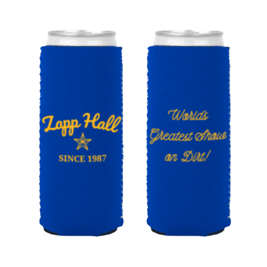 Two blue can coolers with yellow text on a white background