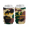 Two can coolers with camouflage pattern and text on a white background