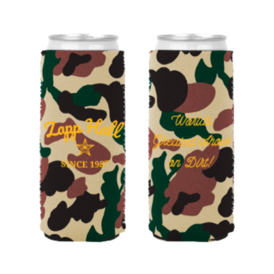 Two camouflage-patterned can coolers with text on a white background