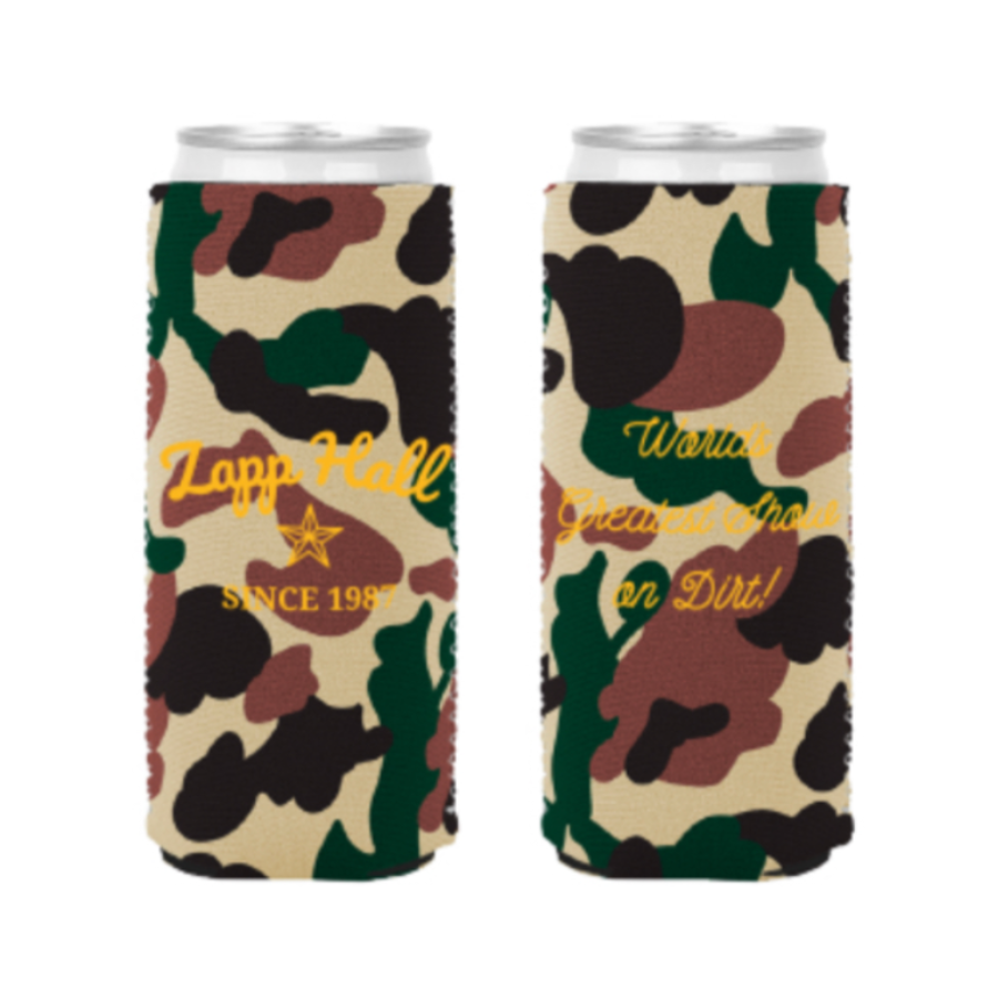 Two camouflage-patterned can coolers with text on a white background