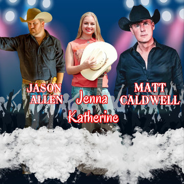 Three people in cowboy attire with names displayed against a colorful background