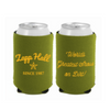Two green can coolers with text on a white background