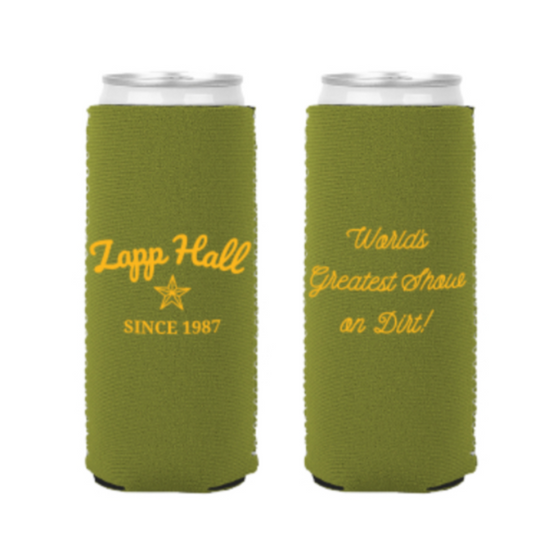 Two green can coolers with yellow text on a white background