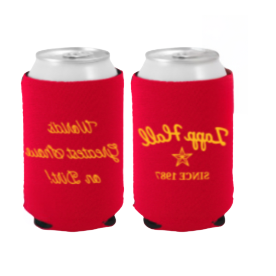 Two red can coolers with yellow text on a white background