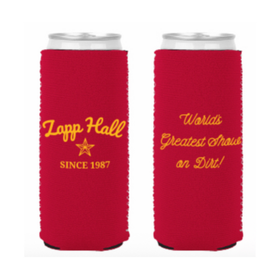 Two red can coolers with yellow text and branding on a white background