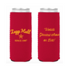 Two red can coolers with yellow text and branding on a white background