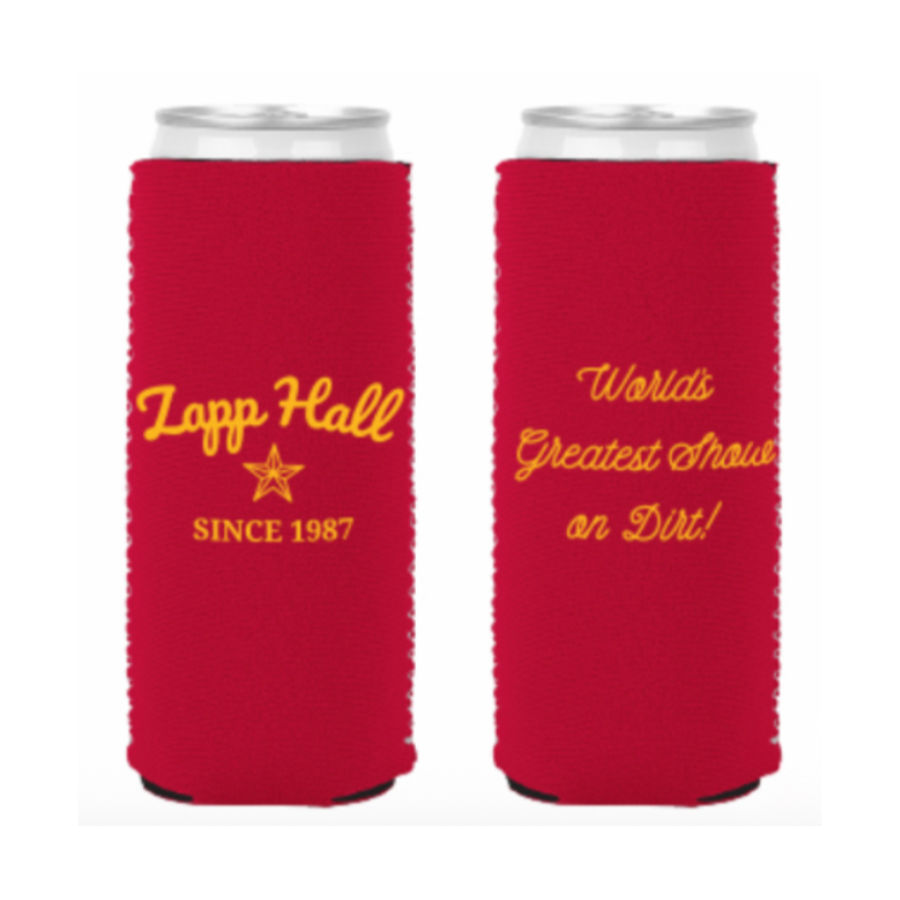 Two red can coolers with yellow text and branding on a white background