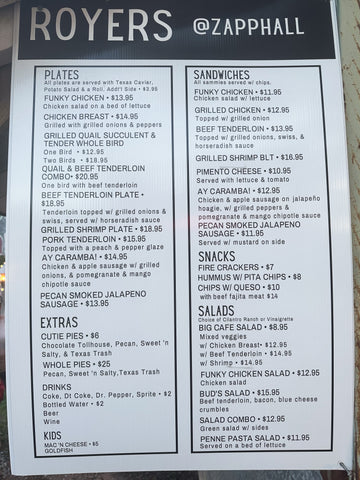 Menu with food items and prices for Royers Cafe @ Zapp Hall Antique Show