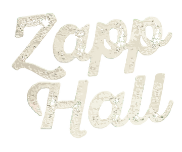 Decorative text 'Zapp Hall' in a decorative font on a light background