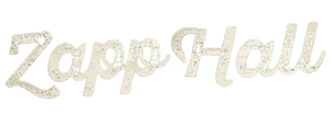 Decorative text 'Zapp Hall' with a glittery texture on a white background