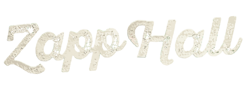Decorative text 'Zapp Hall' with a glittery texture on a white background